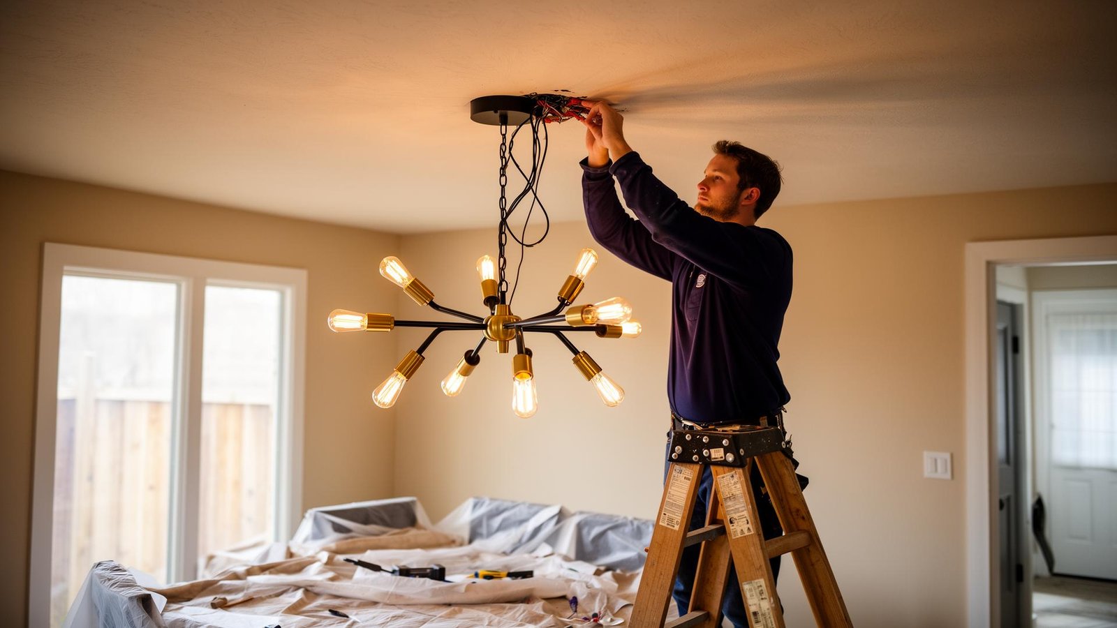 Handyman on a step ladder installing a modern black and brass chandelier in a dining room