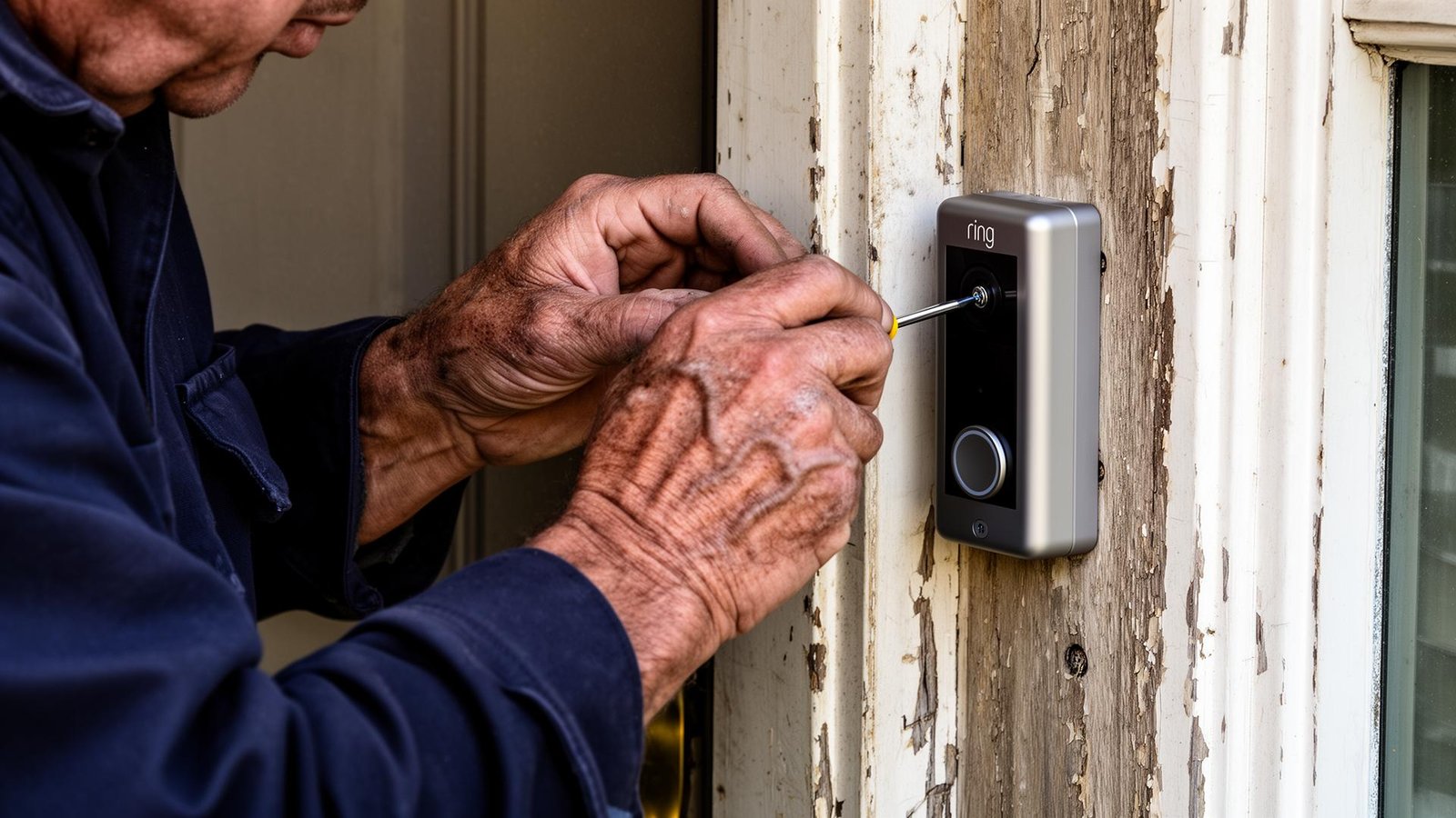 Handyman mounting a Ring video doorbell next to a residential front door